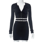 Ruched zip-up long sleeve contrast mini dress
