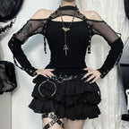 Off shoulder long sleeve fishnet patchwork buckle top  | Festival Outfits Women