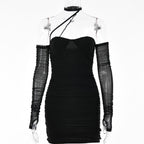 Solid ruched halter mesh long sleeve off shoulder mini dress