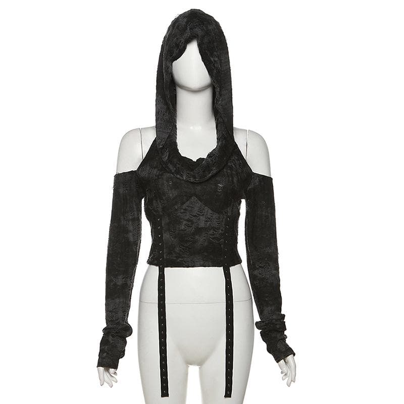 Long sleeve hoodie off shoulder buckle crop top  | Festival Outfits Women