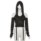 Long sleeve hoodie off shoulder buckle crop top  | Festival Outfits Women