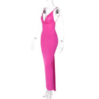 Solid v neck ruched backless cami maxi dress