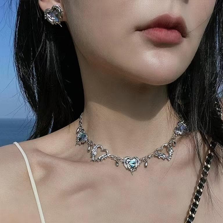 Blue rhinestone heart decor choker necklace  | Festival Outfits Women