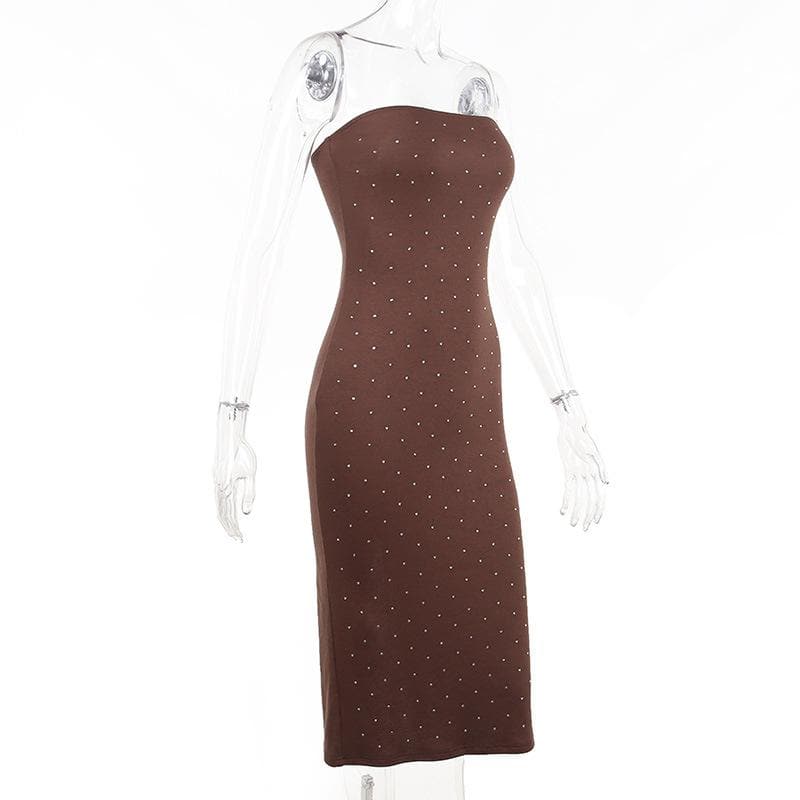Solid beaded slit backless tube midi dress