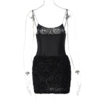 Textured solid satin u neck spaghetti strap sleeveless mini dress