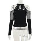 Off shoulder long sleeve fishnet patchwork buckle top  | Festival Outfits Women