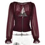 Long sleeve chiffon patchwork corset zip-up top  | Festival Outfits Women