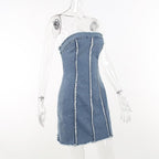 Raw hem zip-up backless contrast denim tube mini dress