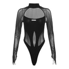 Hollow out mesh patchwork long sleeve contrast bodysuit  | Festival Outfits Women