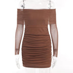 Mesh off shoulder solid long sleeve ruched mini dress