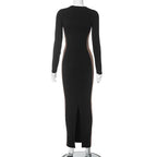 Patchwork contrast long sleeve slit crewneck maxi dress