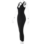 Ribbed notch neck sleeveless low cut solid maxi dress