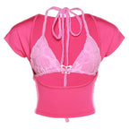 2 piece textured butterfly hollow out short sleeve crop cut out top