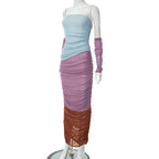 Mesh ruched contrast patchwork off shoulder maxi tube dress