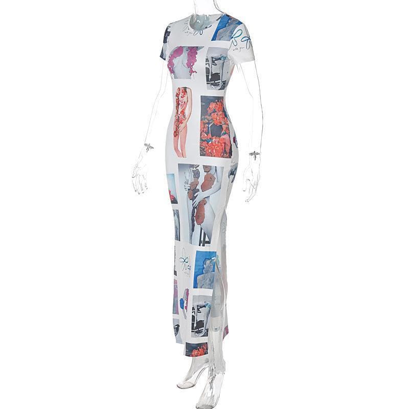 Print crewneck short sleeve slit midi dress