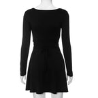 Square neck long sleeve solid lace up 2-way mini dress