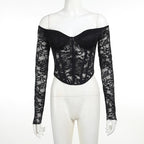 Lace solid long sleeve corset off shoulder top  | Festival Outfits Women