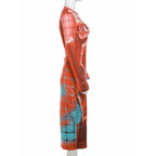 Plaid contrast body print long sleeve crewneck midi dress