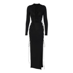 Long sleeve solid hollow out slit self tie lace up midi dress