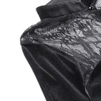 Velvet lace patchwork button solid high neck long flared sleeve slit midi dress