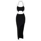 Metal chain halter backless hollow out slit solid midi dress