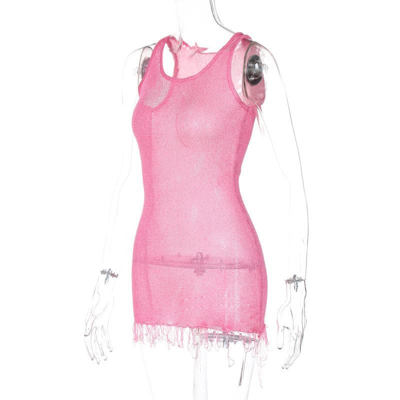 Sleeveless u neck tassels knitted mini dress  | Festival Outfits Women