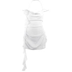 Solid cowl neck halter flower applique backless ruffle mini dress