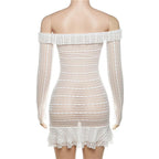 Lace see through off shoulder ruffle long sleeve solid mini dress