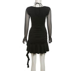 Long sleeve halter mesh ruched ruffle mini dress  | Festival Outfits Women