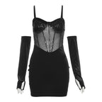 Sweetheart neck gloves velvet glitter mesh patchwork cami dress