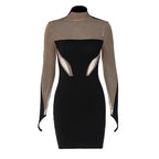 Mesh patchwork contrast gloves high neck mini dress