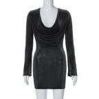 Long sleeve cowl neck ruched glitter solid mini dress