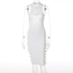 Sleeveless hollow out solid backless knotted midi dress