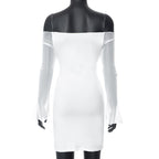 Mesh solid off shoulder long sleeve self tie mini dress