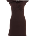 Textured off shoulder metal chain knotted mini dress
