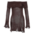 Long flared sleeve off shoulder hollow out see through knitted mini dress