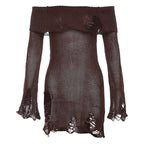 Long flared sleeve off shoulder hollow out see through knitted mini dress
