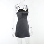 Patchwork satin ruffle contrast zip-up backless cami mini dress - Final Sale