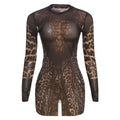 Crewneck long sleeve leopard print mesh mini dress  | Festival Outfits Women  | Leopard Print Mini Dress