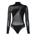 Long sleeve high neck mesh patchwork irregular bodysuit  | Festival Outfits Women
