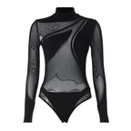 Long sleeve high neck mesh patchwork irregular bodysuit  | Festival Outfits Women