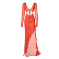 Long sleeve solid mesh slit v neck ruffle hollow out maxi dress