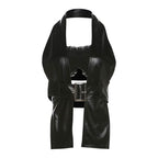Halter lace hem PU leather 2 piece ruched top  | Festival Outfits Women