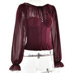 Long sleeve chiffon patchwork corset zip-up top  | Festival Outfits Women