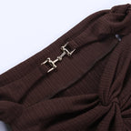 Textured off shoulder metal chain knotted mini dress
