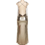 Metallic cowl neck cross back self tie ruched maxi dress
