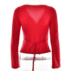 Lace hem long sleeve v neck ribbon ruched top  | Festival Outfits Women