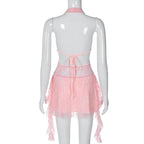 Halter v neck backless lace self tie hollow out cut out mini dress