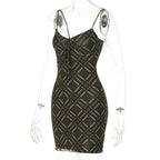 Plaid contrast print ruffle low cut backless cami bodycon dress