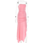 Ruched zip-up solid irregular slit tube midi dress